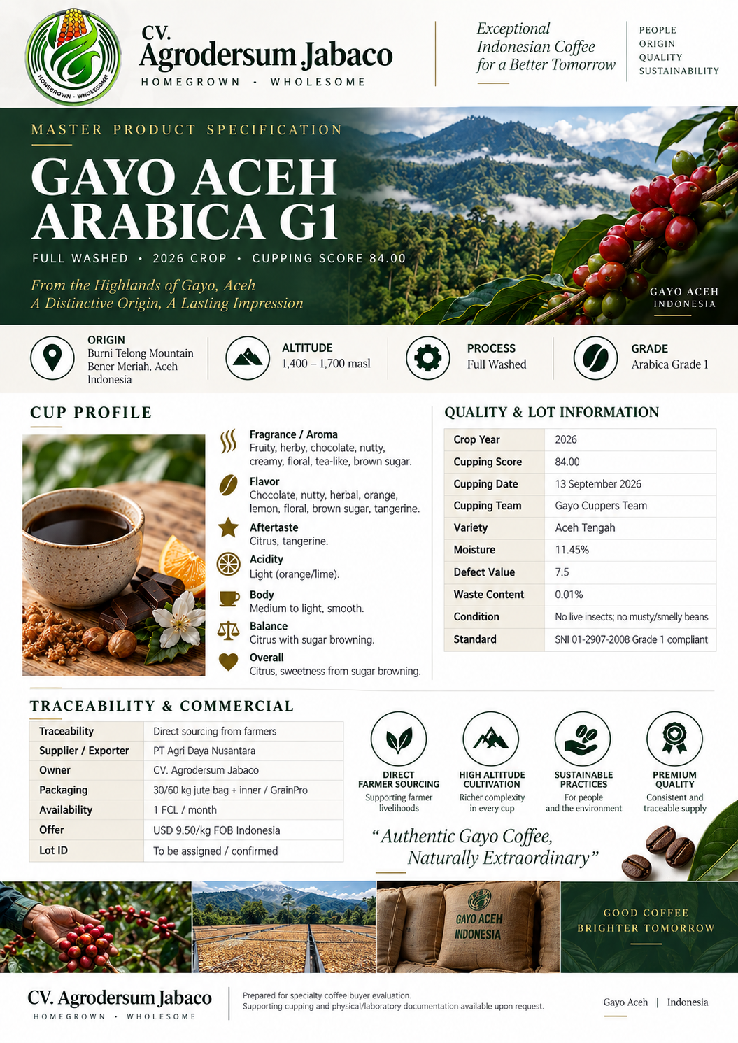Gayo Aceh Arabica Grade 1 Master Product Specification